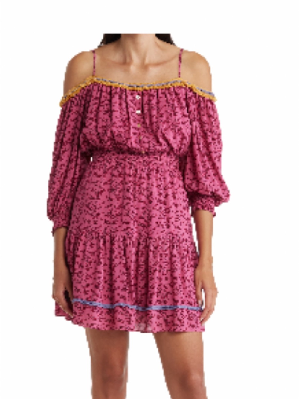 Betsey Johnson  Floral Off-Shoulder Dress in rose with Gold Trim